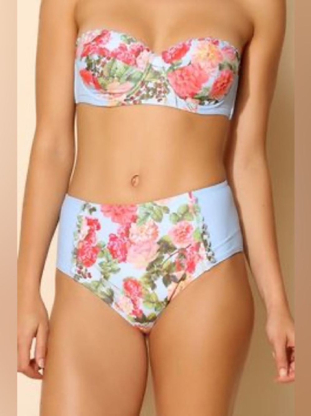 MINKPINK Light Blue Floral High-Waist Bikini Bottom with Pink Roses